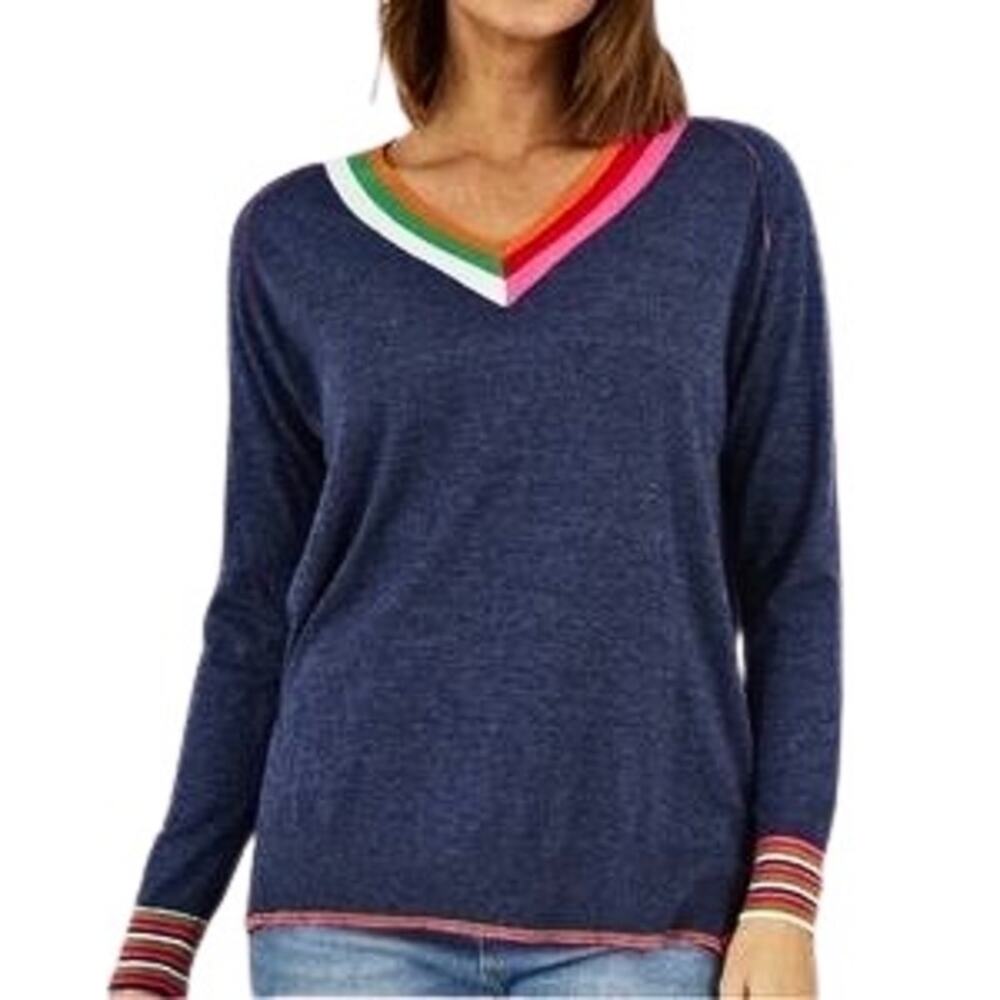 Zaket & Plover Blue Denim Multicolor V-Neck Striped Sweater Women’s Size XS